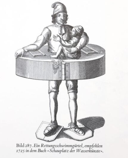 Rettungsschwimmgürtel, empfohlen 1725 in dem Buch «Schauplatz der Wasserkünste».
