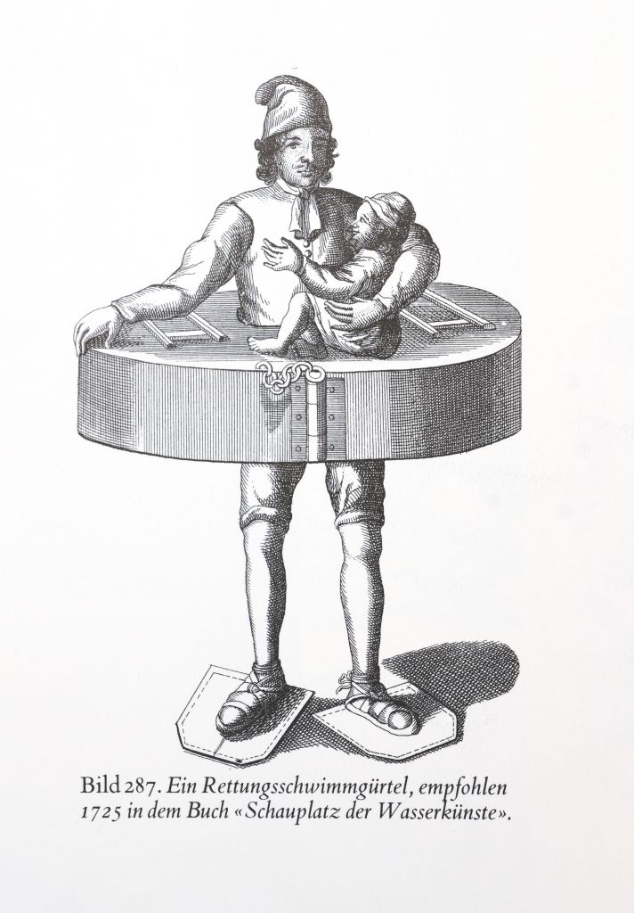 Ein Rettungsschwimmgürtel, empfohlen 1725 in dem Buch «Schauplatz der Wasserkünste»